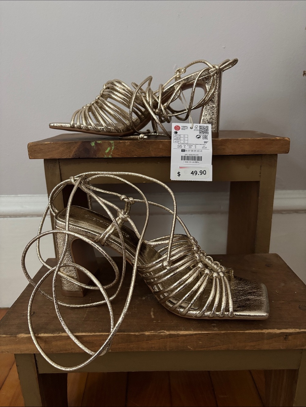 Stradivarius Metallic Gold Lace-Up Block Heel Sandals Size 35